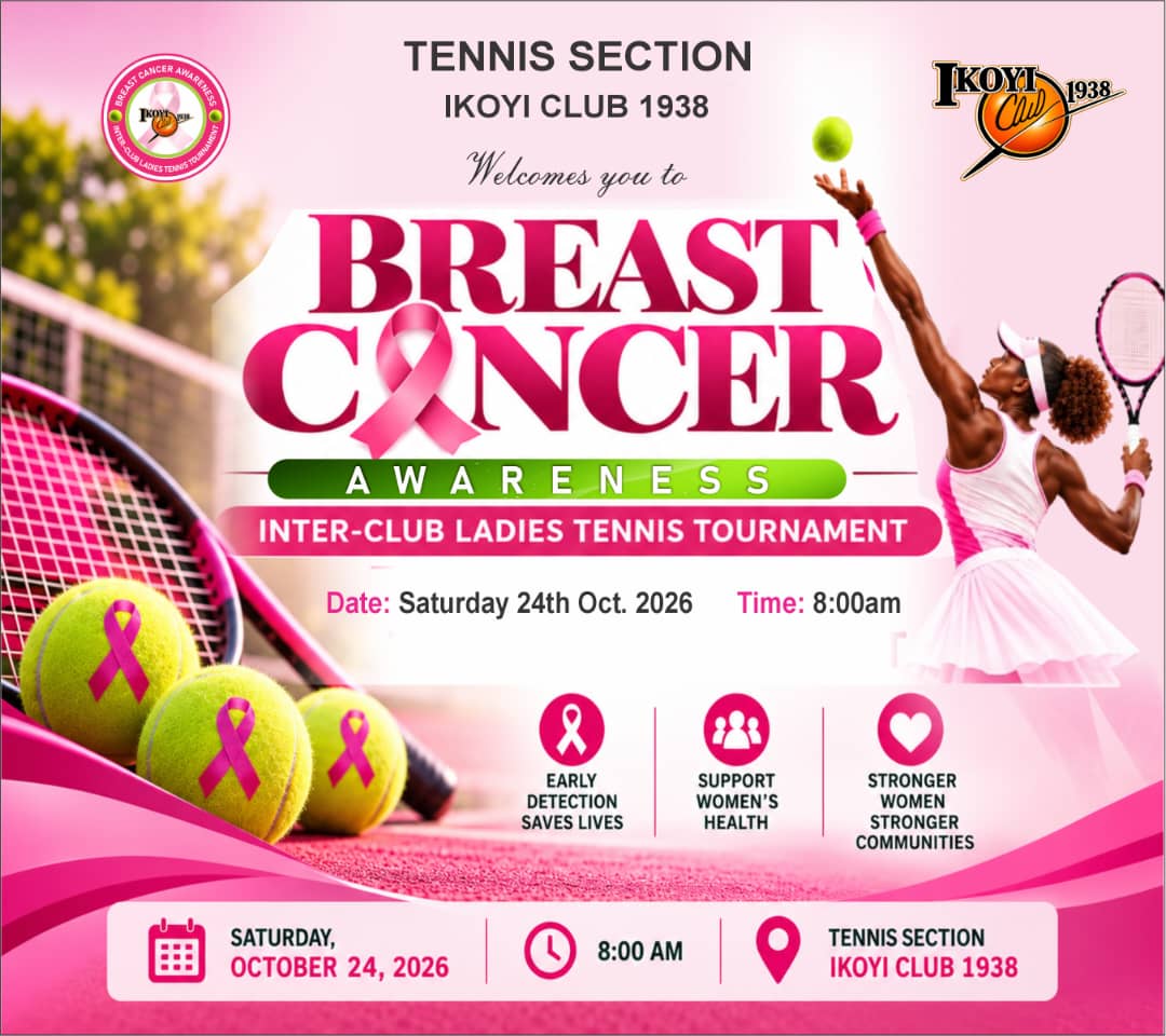 Official flyer for the Breast Cancer Awareness Inter-Club Ladies Tennis Tournament at Ikoyi Club 1938 on Saturday, 24 October 2026 at 8:00 am
